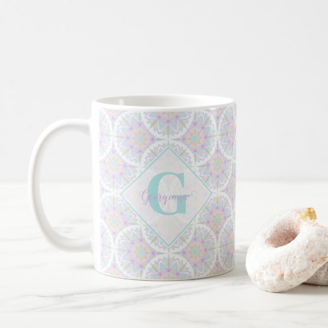 Mug Monogramme Pastel Arc-en-ciel Sundae Mandala Art D (Avec donut)