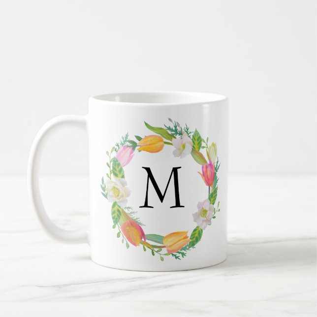 Mug Monogramme personnalisé, Aquarelle Tulipe rose (Gauche)