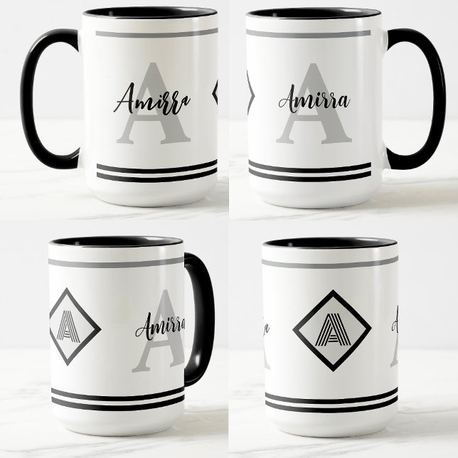 Mug monogramme personnalisé avec nom et cadeau ini (Black gray white coffee cup)