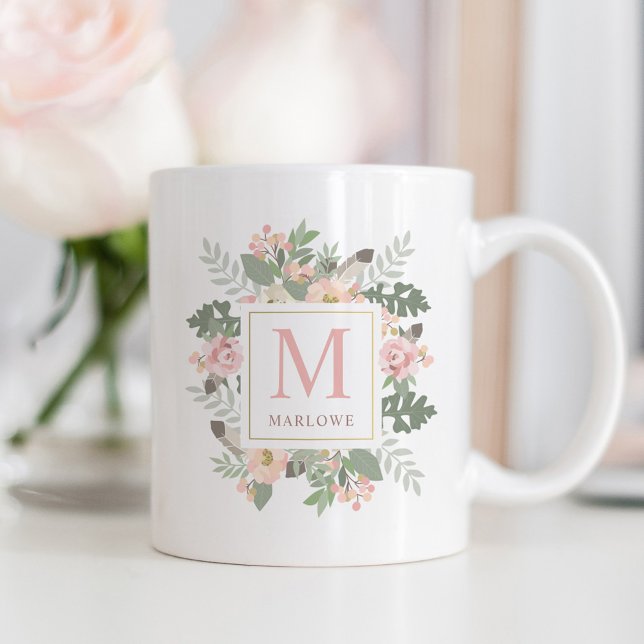 Mug Monogramme Personnalisé Boho Rose Rustique Or Rose (Créateur téléchargé)