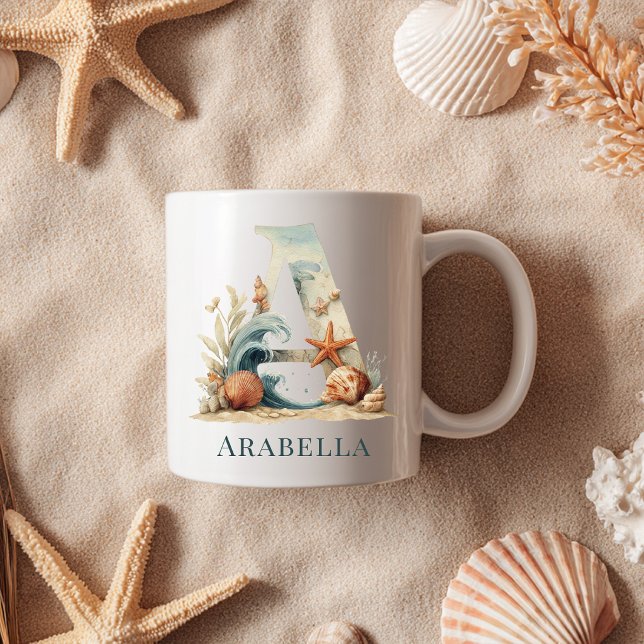 Mug Monogramme personnalisé de la côte initiale A Plag (Personalized Coastal Monogram A Initial Beach Coffee Mug)