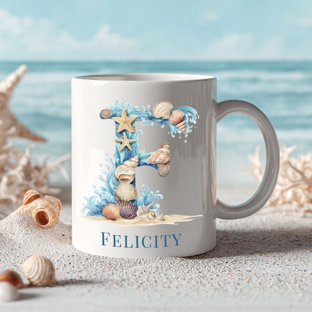 Mug Monogramme personnalisé de la côte initiale F Plag (Personalized Coastal Monogram F Initial Beach Coffee Mug)