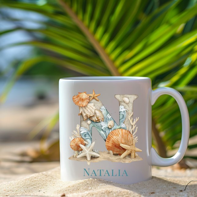 Mug Monogramme personnalisé de la côte initiale N plag (Personalized Coastal Monogram N Initial Beach Coffee Mug)