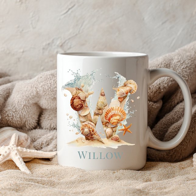 Mug Monogramme personnalisé de la côte initiale W Plag (Personalized Coastal Monogram W Initial Beach Coffee Mug)