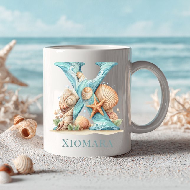 Mug Monogramme personnalisé de la côte X Initial Beach (Personalized Coastal Monogram X Initial Beach Coffee Mug)
