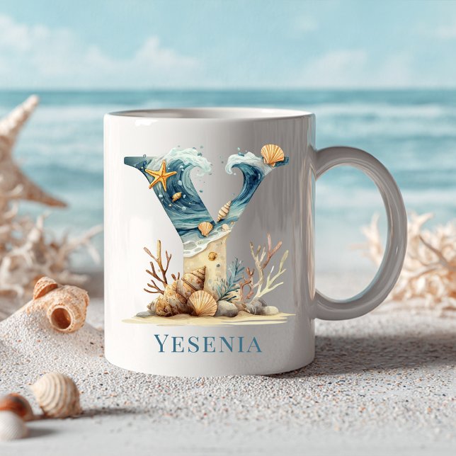 Mug Monogramme personnalisé de la côte Y initiale plag (Personalized Coastal Monogram Y Initial Beach Coffee Mug)