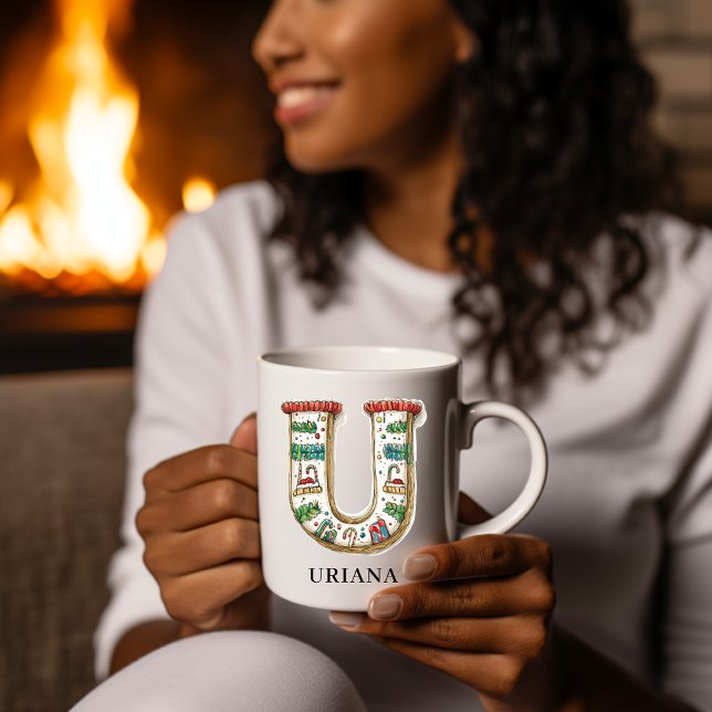 Mug Monogramme personnalisé de Noël festif Initial U (Personalized Festive Christmas Monogram Initial U Coffee Mug)
