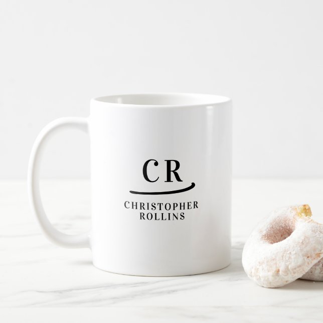 Mug Monogramme personnalisé Élégant minimaliste noir e (Avec donut)