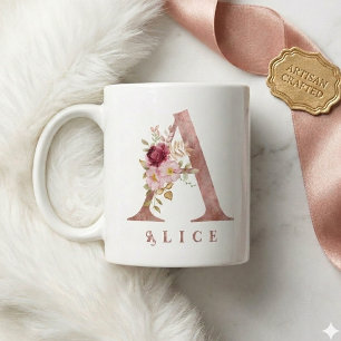 Mug Monogramme personnalisé en lettre A florale or ros