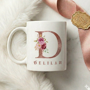 Mug Monogramme personnalisé en lettre D florale or ros