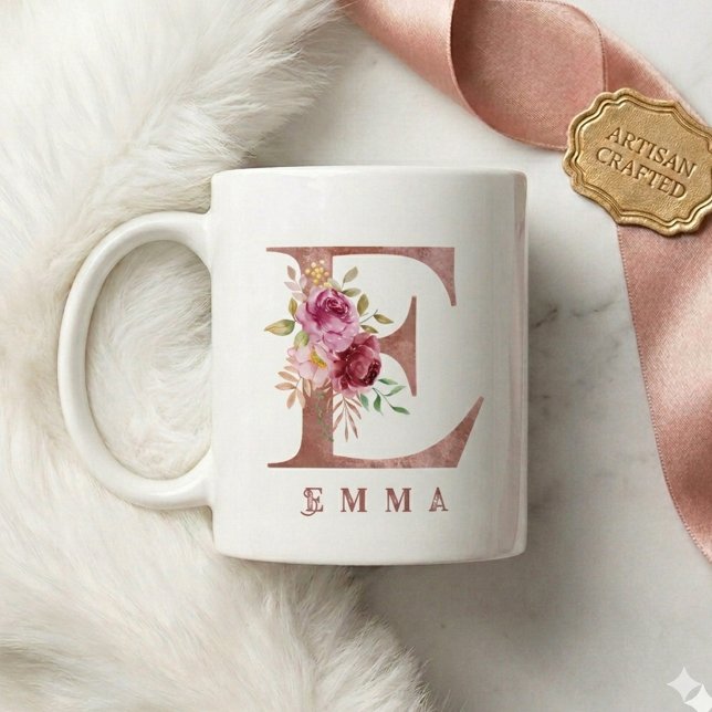 Mug Monogramme personnalisé en lettre E florale or ros (Créateur téléchargé)