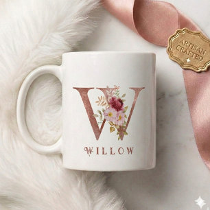 Mug Monogramme personnalisé en lettre W floral or rose