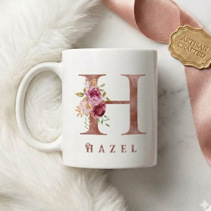 Mug Monogramme personnalisé en or rose avec lettre flo