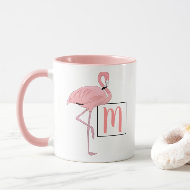 Mug Monogramme personnalisé Flamant rose rose pâle aqu (Avec donut)