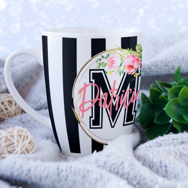 Mug Monogramme personnalisé floral rose rayé noir et b (Créateur téléchargé)