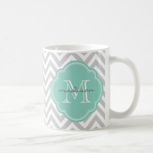 Mug Monogramme personnalisé Gris et Aqua Chevron