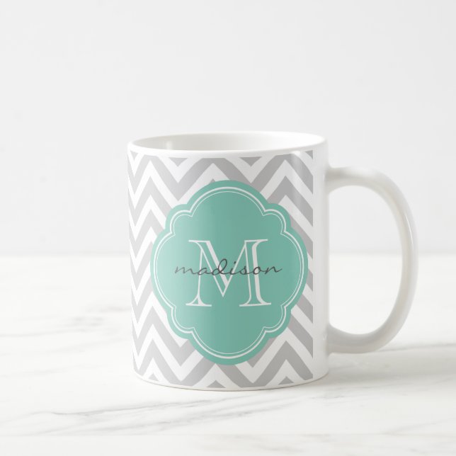 Mug Monogramme personnalisé Gris et Aqua Chevron (Droite)