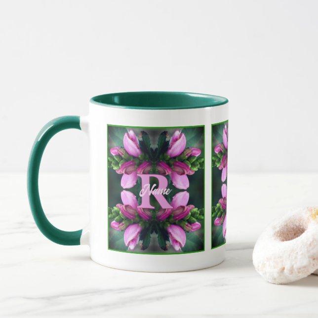 Mug Monogramme personnalisé initial nom Fleur rose Art (Avec donut)