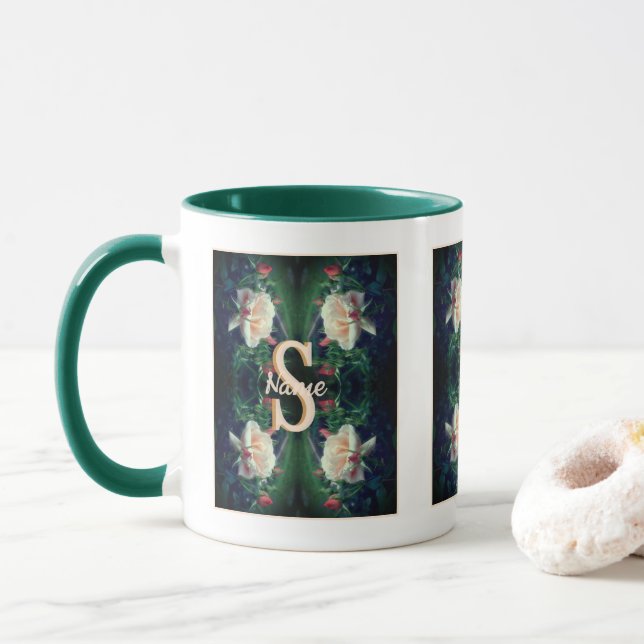 Mug Monogramme personnalisé initial nom Rose pêche (Avec donut)