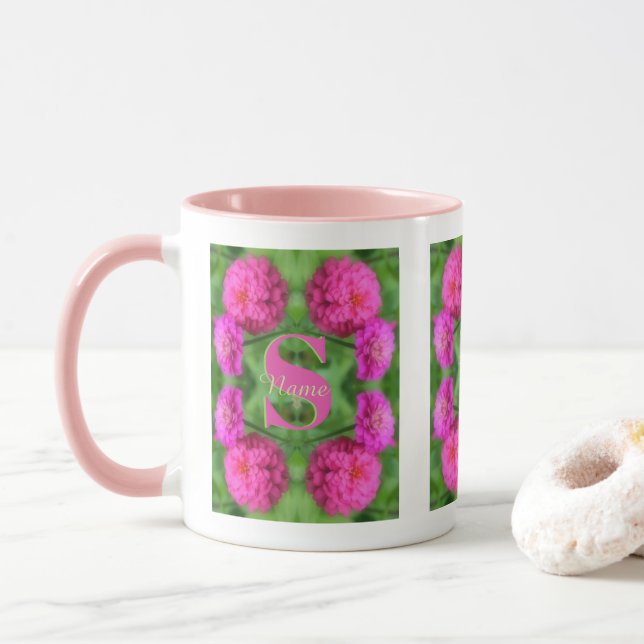Mug Monogramme personnalisé initial prénom Fleurs rose (Avec donut)