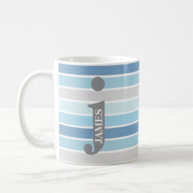 Mug Monogramme personnalisé 'Nuances de bleu' rayé (Gauche)