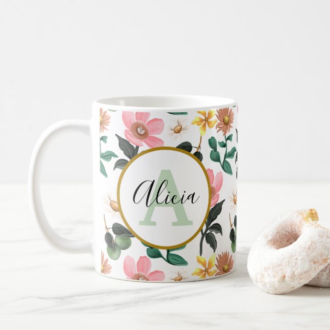 Mug Monogramme personnalisé Pastel Ressort motif flora (Avec donut)