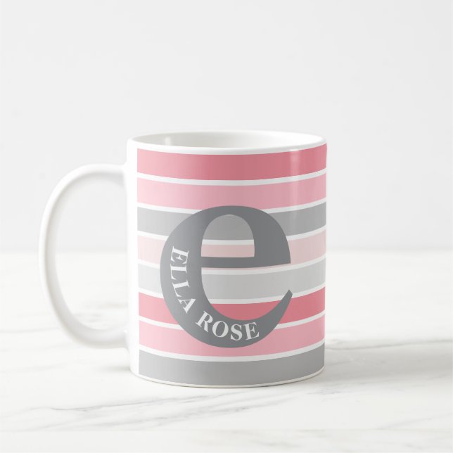 Mug Monogramme personnalisé rayé 'Nuances de rose' (Gauche)