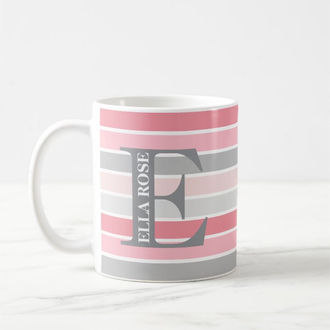 Mug Monogramme personnalisé rayé 'Nuances de rose' (Gauche)