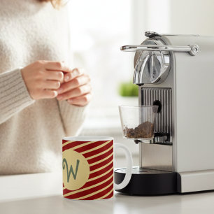 Mug Monogramme personnalisé rayures bordeaux et crème 