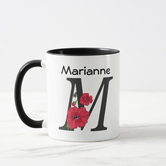 Mug Monogramme personnalisé texte M modifiable fleur r (Gauche)