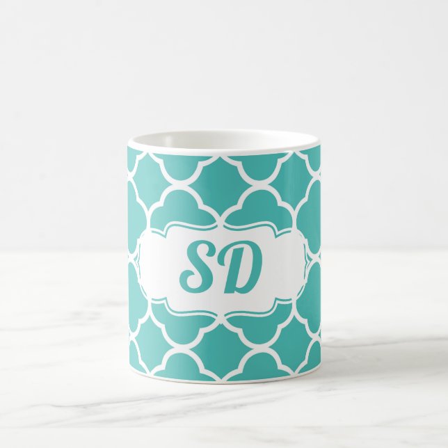 Mug Monogramme personnalisé Turquoise Quatrefoil (Centre)