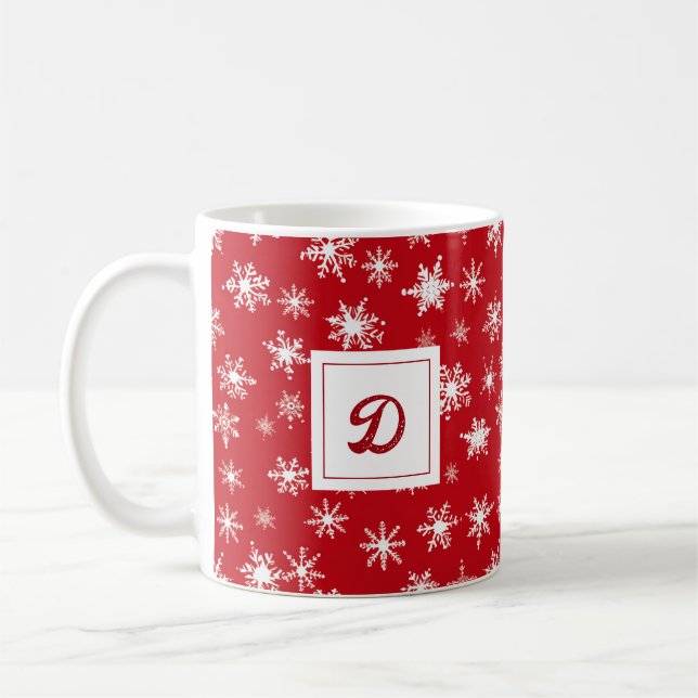 Mug Monogramme personnalisé Xmas Snowflake Motif rouge (Gauche)