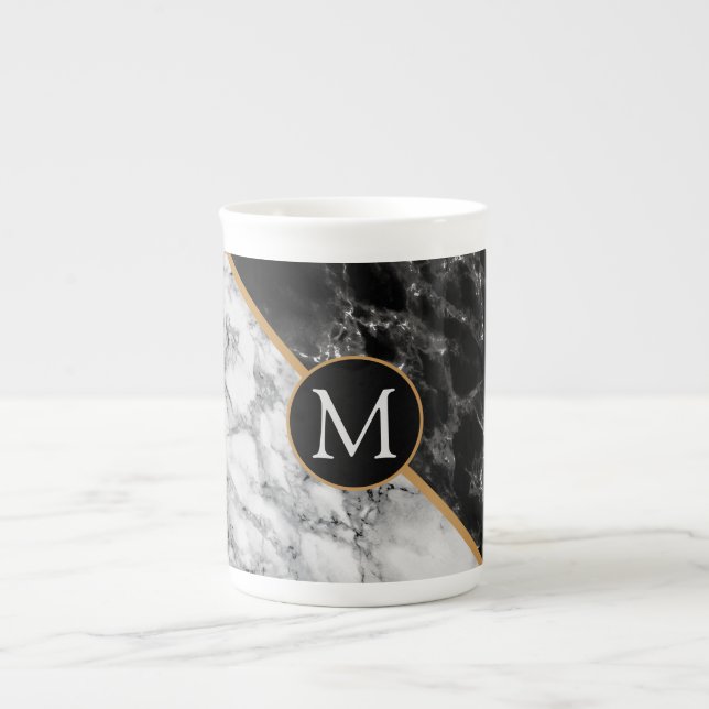 Mug Monogramme - Pierre de marbre blanc noir (Devant)