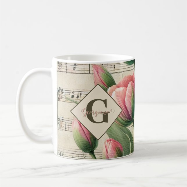 Mug Monogramme Pink & Green Vintage Tulips Partition M (Gauche)