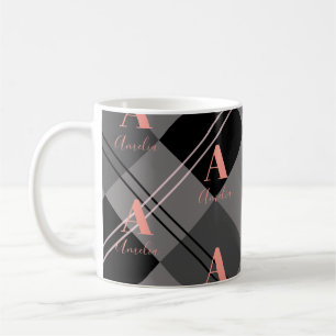 Mug Monogramme Plaid gris rose noir