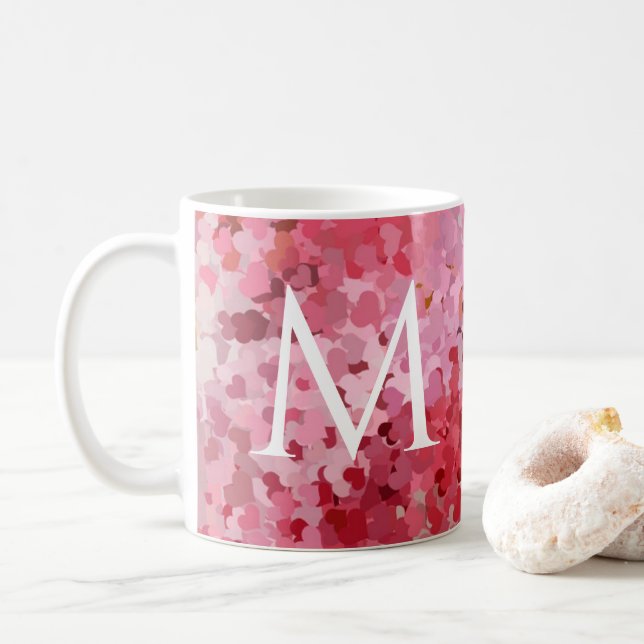 Mug Monogramme Premier Modèle rose rouge violet Coeurs (Avec donut)