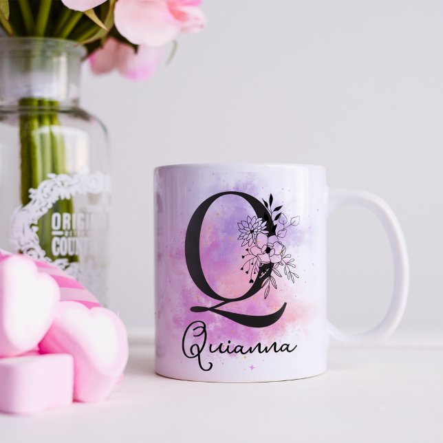 Mug Monogramme Q lettre noire florale rose violet (Créateur téléchargé)