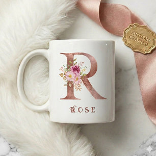 Mug Monogramme R en lettre florale personnalisée en or