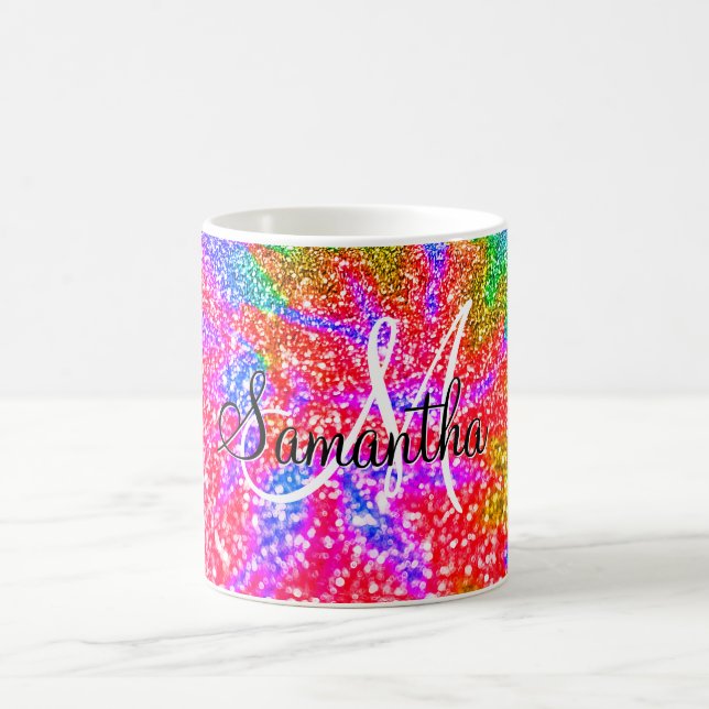 Mug Monogramme Rainbow Tie Dye Faux Parties scintillan (Centre)