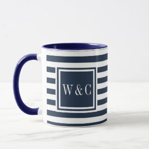 Mug Monogramme rayé bleu marine et blanc