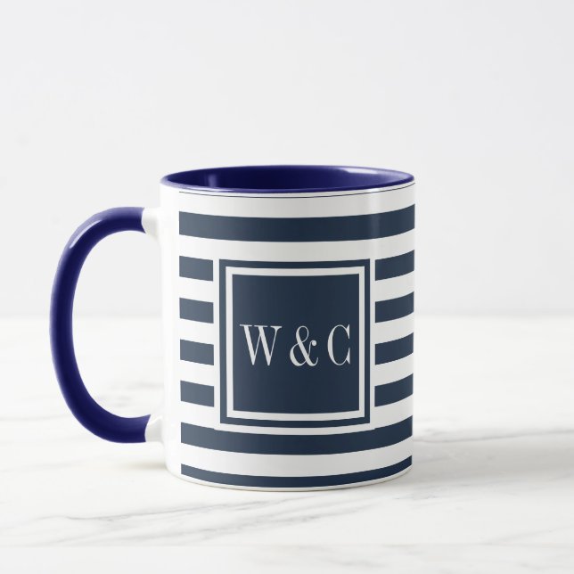Mug Monogramme rayé bleu marine et blanc (Gauche)