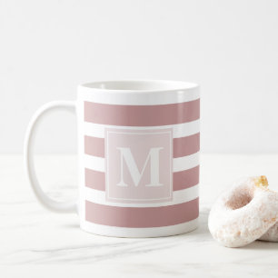 Mug Monogramme rayé rose et blanc moderne