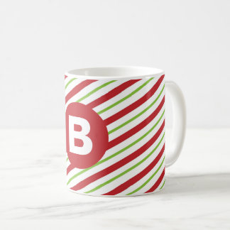 Mug Monogramme rayures diagonales rouges et vertes