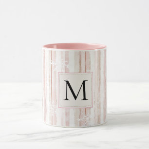 Mug Monogramme rayures flocons de neige blanc rose