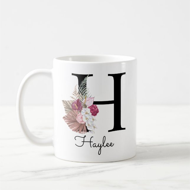 Mug Monogramme Rose Bohème Féminin Floral Initiale H (Gauche)
