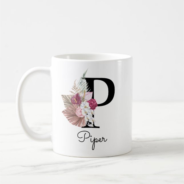 Mug Monogramme Rose Bohème Féminin Floral Initiale P (Gauche)