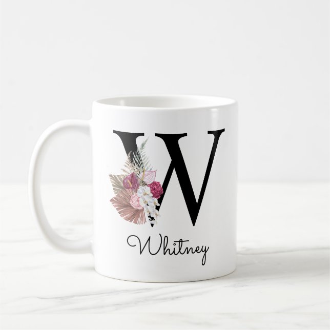 Mug Monogramme rose boho girly floral initial W Café M (Gauche)