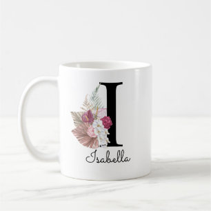 Mug Monogramme rose boho girly floral initiale I