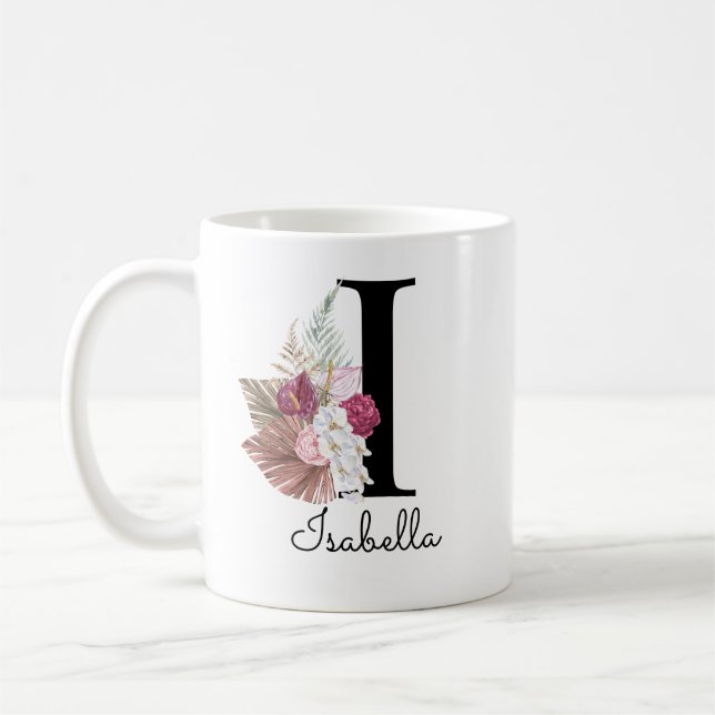 Mug Monogramme rose Boho girly floral initiale I (Gauche)