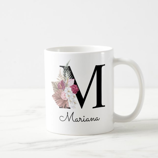 Mug Monogramme Rose Boho Girly Floral Initiale M (Droite)